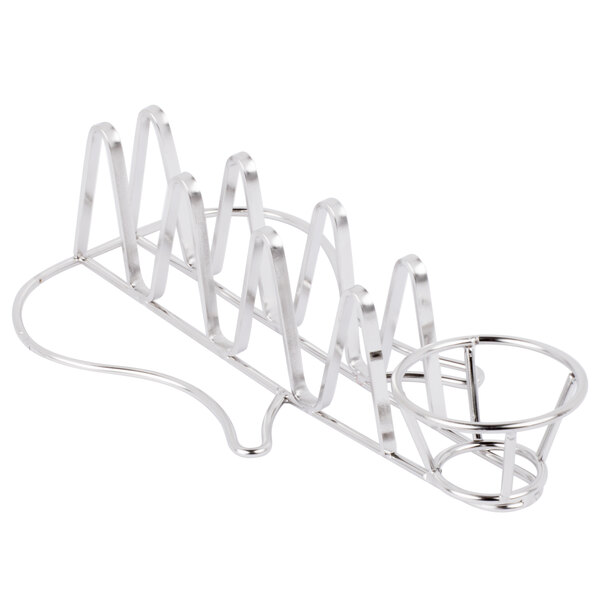 A silver metal Clipper Mill stainless steel guitar shaped taco holder.