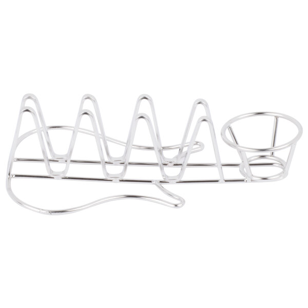 A silver stainless steel Clipper Mill by GET guitar shaped taco holder.