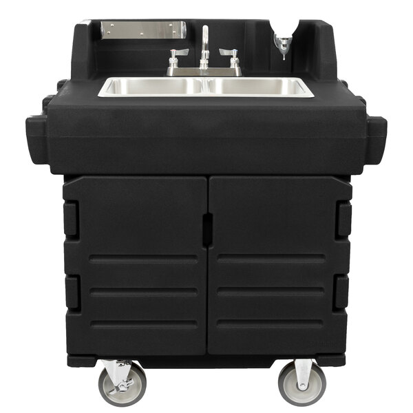 a black plastic sink with wheels