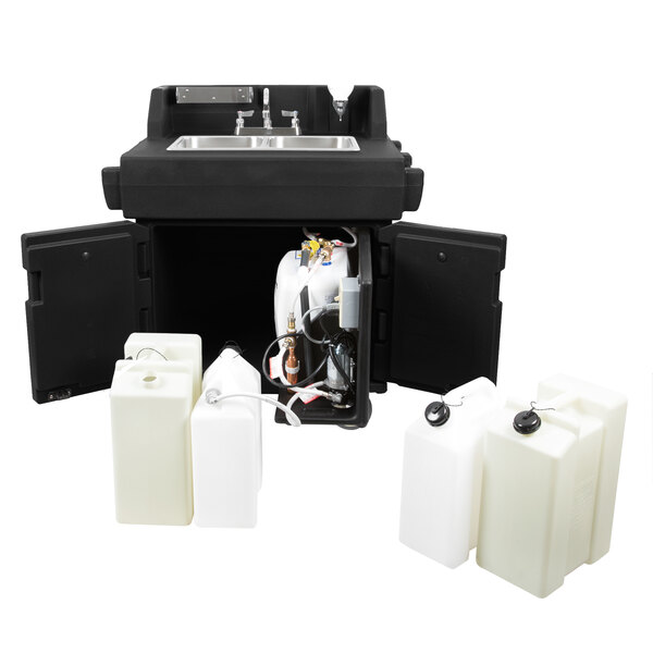 A close-up of a black Cambro portable sink with white containers and a silver faucet.