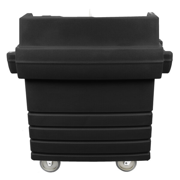 A black plastic container with wheels.