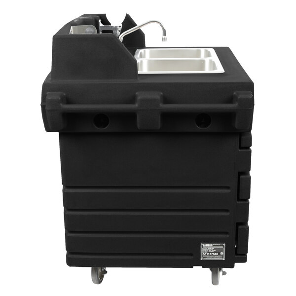 A black plastic Cambro CamKiosk with a granite gray sink on wheels.