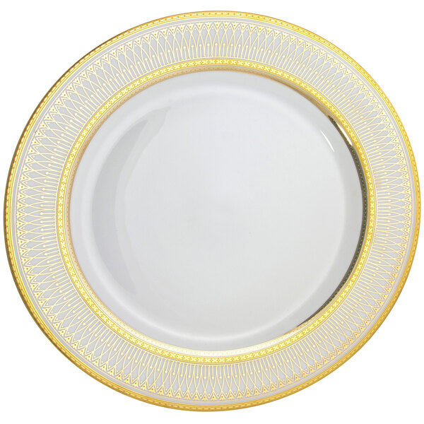 A close up of a white 10 Strawberry Street Iriana porcelain bread and butter plate with gold trim.