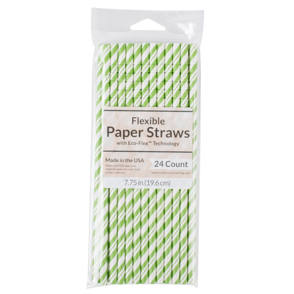 A package of green and white striped Creative Converting paper straws.