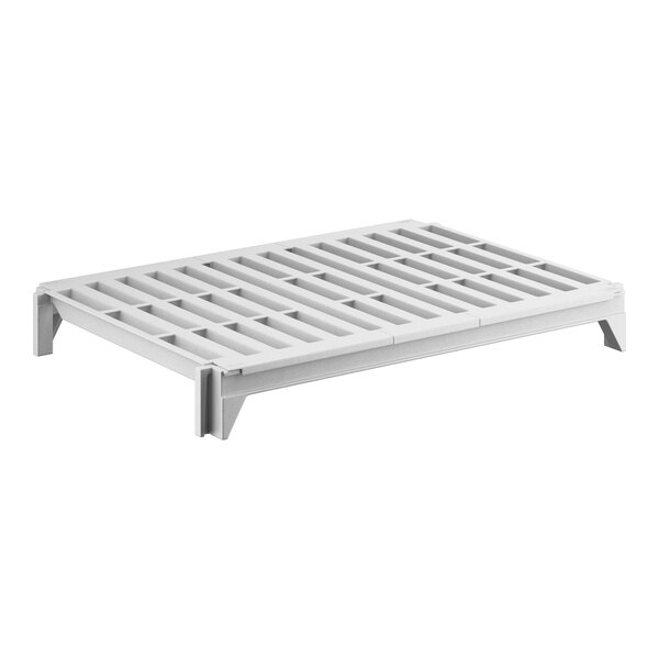 A white plastic shelf with holes on a metal frame.
