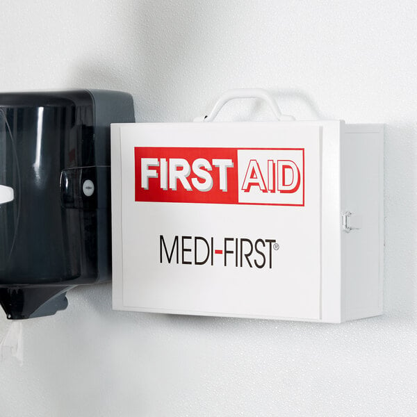 A first aid kit mounted on the wall