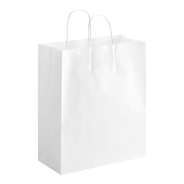 A close-up of a white Duro shopping bag with handles.
