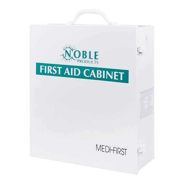 A white Noble Products first aid cabinet with a green label.