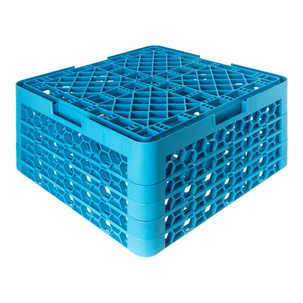 A blue plastic glass rack with 9 compartments and 4 extenders.