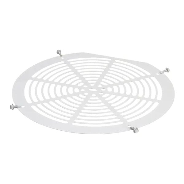 A round metal evaporator fan blade cover with a slotted design and four mounting screws.