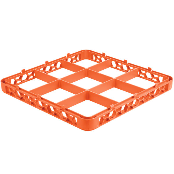 An orange plastic Carlisle OptiClean glass rack extender with 9 compartments.
