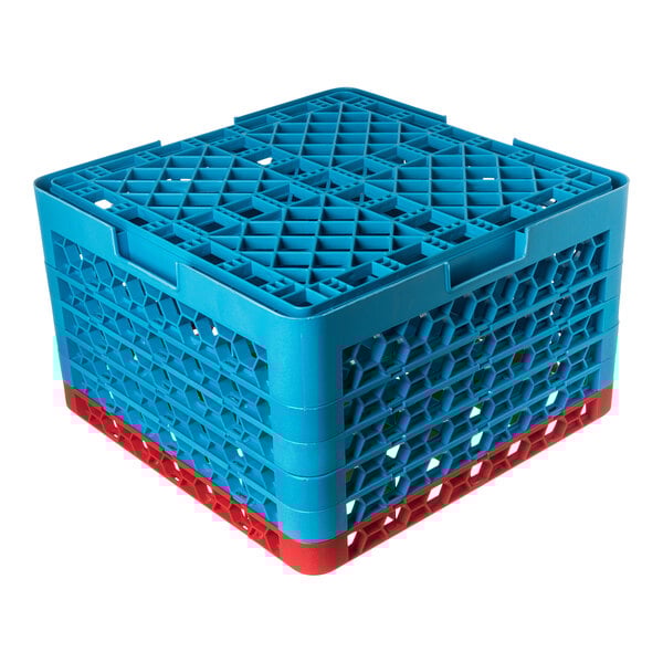 A blue and red plastic glass rack with 16 compartments and 5 extenders.