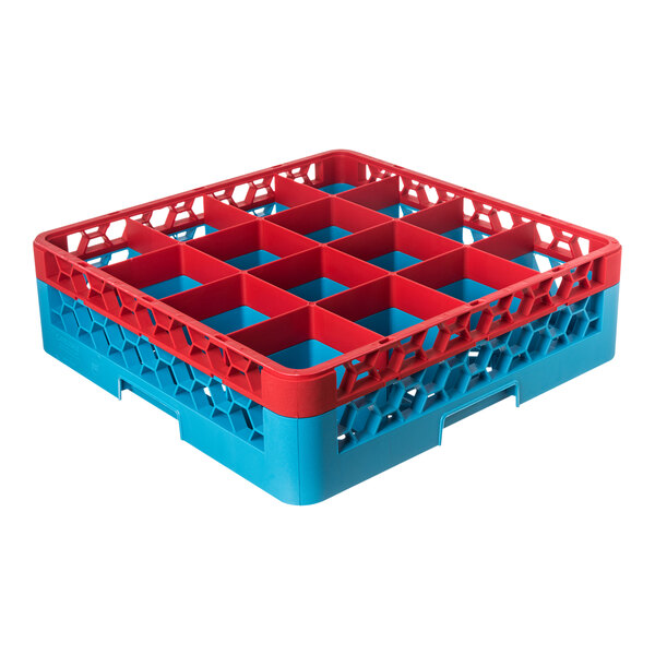 A red and blue plastic glass rack with 16 compartments and one extender, designed for dishwashing and storage.