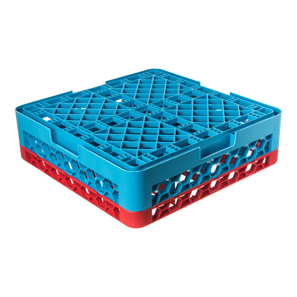 A blue and red plastic glass rack with 16 compartments and one extender.