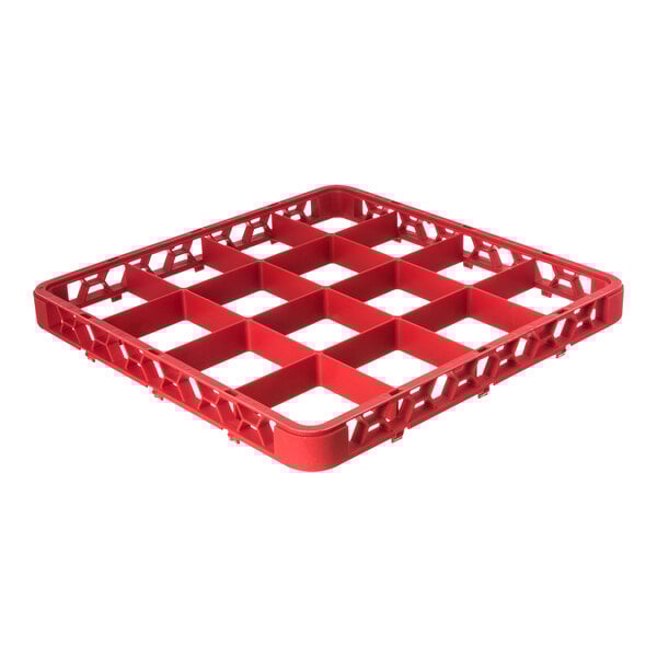 A red plastic 16-compartment glass rack extender used for organizing and washing glassware.