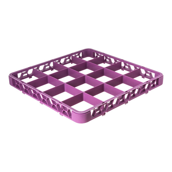 A lavender-colored plastic glass rack extender with 16 compartments.