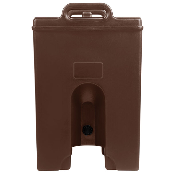 A dark brown plastic container with a black handle.