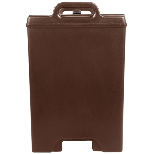 A brown rectangular Cambro insulated soup carrier with a handle and lid.
