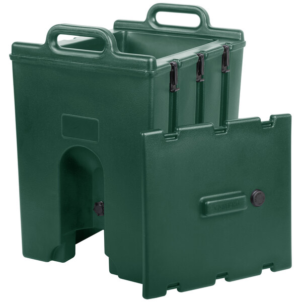 A green plastic container with handles.