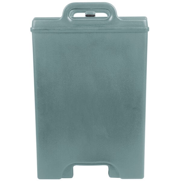 A grey Cambro Camtainer insulated soup carrier with a handle.