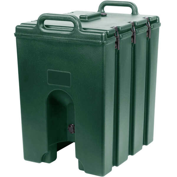 A green plastic Cambro soup carrier with handles.