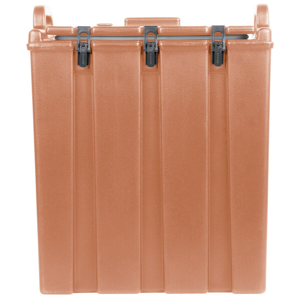 A beige plastic Cambro insulated soup carrier with a lid and two handles.