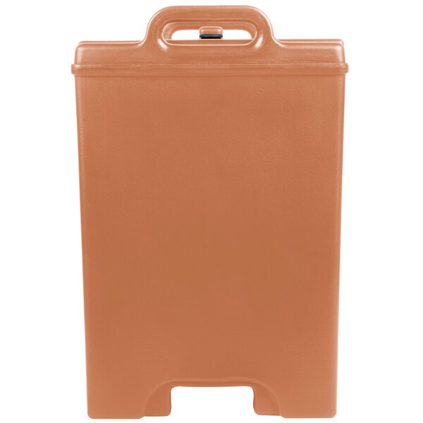 A beige plastic Cambro insulated soup carrier with a handle.