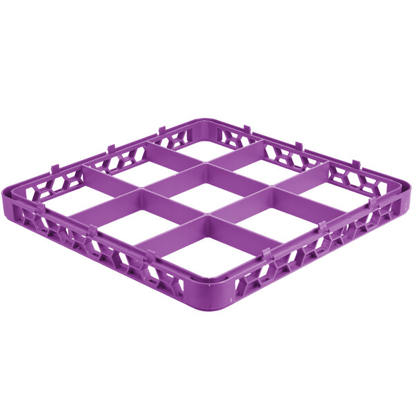 A lavender plastic Carlisle glass rack extender with 9 compartments.