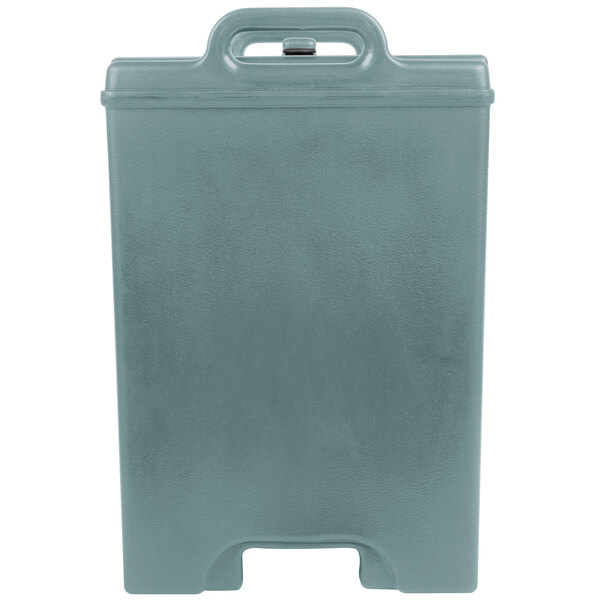 A grey Cambro Camtainer insulated soup carrier with a handle.