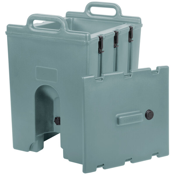 A grey plastic container with black handles.