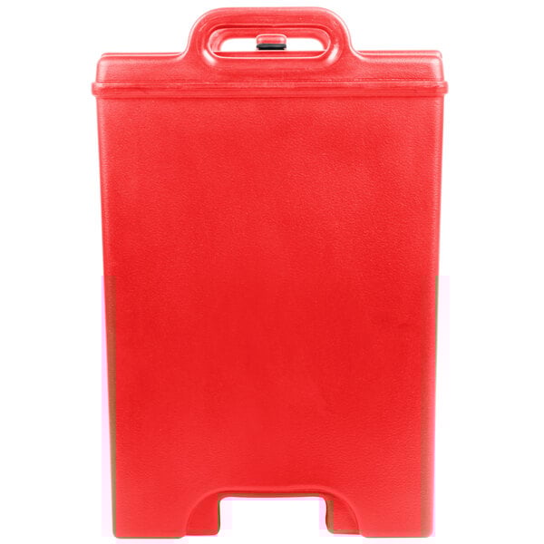 A red plastic container with a lid and handles.