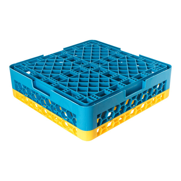 A blue and yellow plastic glass rack with 25 compartments and one extender, designed for commercial dishwashing.
