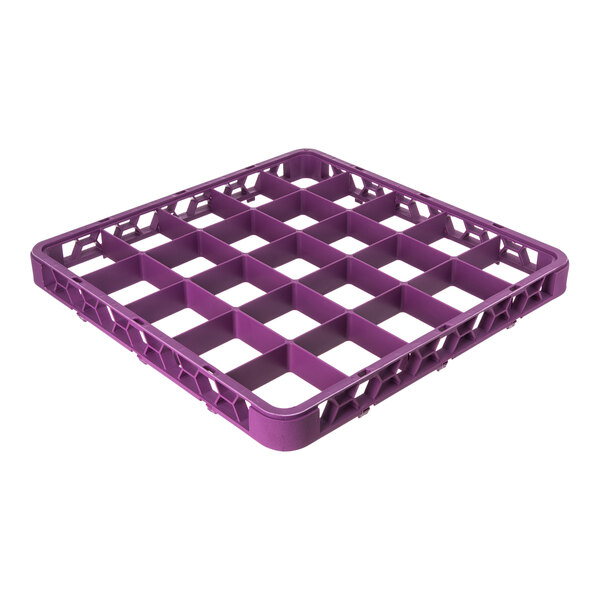 A lavender plastic glass rack extender with 25 compartments.
