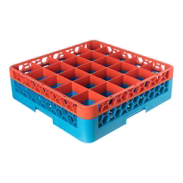 A square, orange and blue plastic glass rack with 25 compartments and one extender.