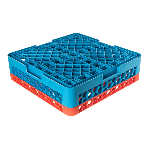 A blue and orange plastic glass rack with 25 compartments and one extender, designed for commercial dishwashing.