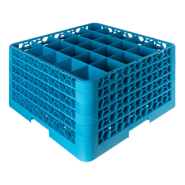 A blue plastic glass rack with 25 compartments and five extenders.