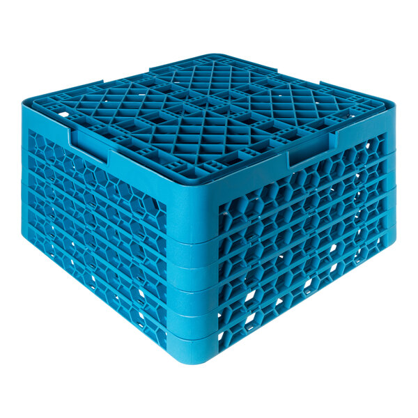 A blue plastic glass rack with 25 compartments and 5 extenders.