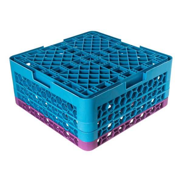 A blue and lavender plastic glass rack with 25 compartments and three extenders.
