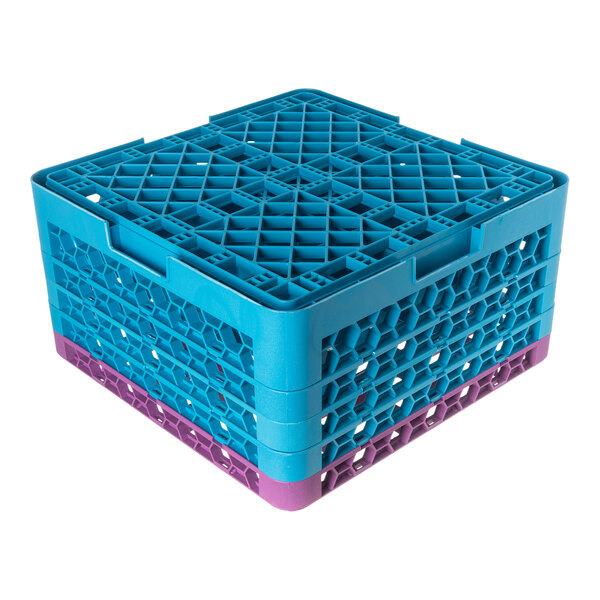 A blue and lavender plastic glass rack with 25 compartments and four extenders.