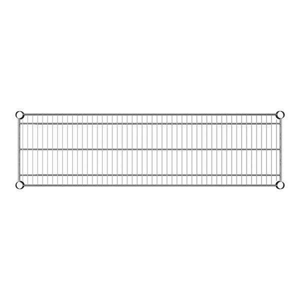 A stainless steel wire shelf with metal bars.