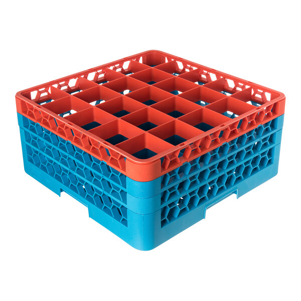 A square plastic glass rack with 25 compartments, featuring an orange top and blue extenders.