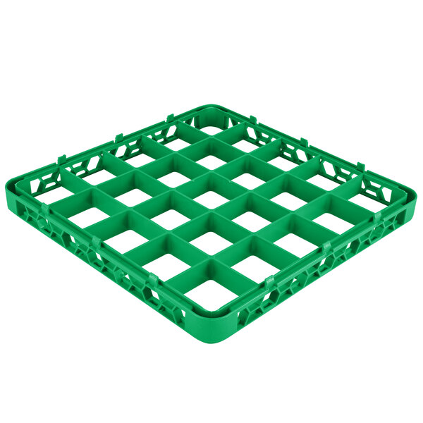A green plastic Carlisle glass rack extender with 25 squares in four rows.
