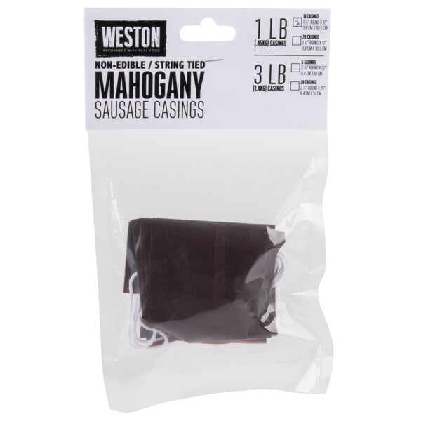 A package of Weston Mahogany Sausage Casings with a black and white label.