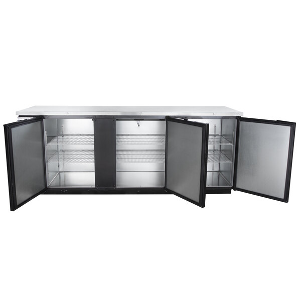 A Beverage-Air black and silver counter height back bar refrigerator with two solid doors.