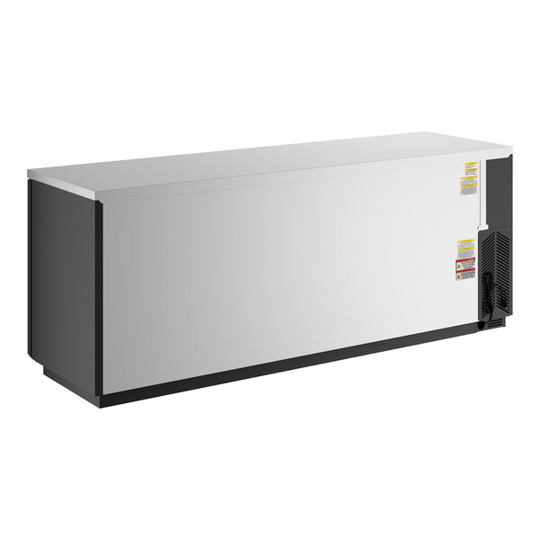 A large black counter height solid door back bar refrigerator.