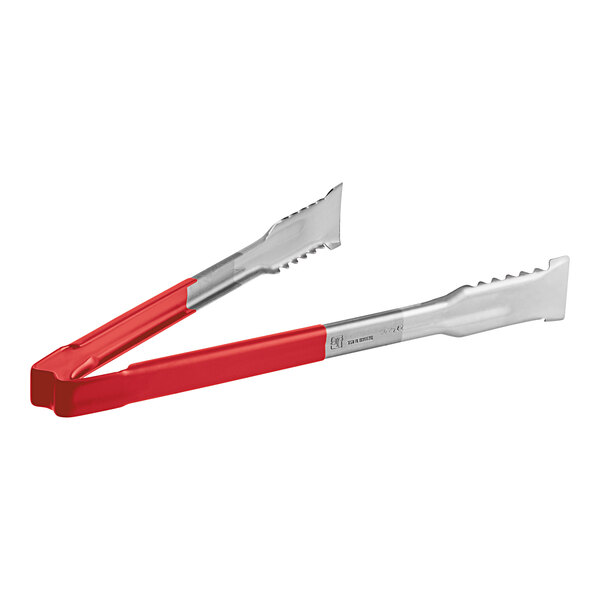 Vollrath stainless steel tongs with red Kool-Touch handles.