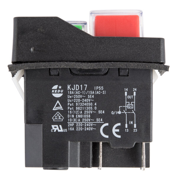 A small black and red switch with a red button.