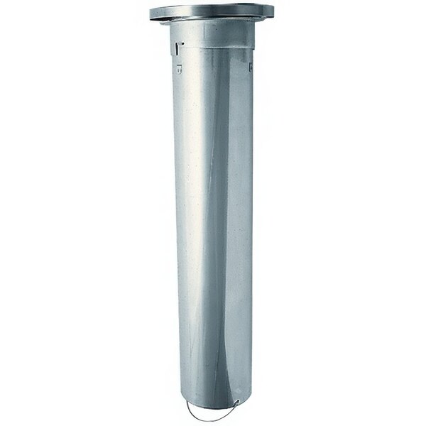 A stainless steel Delfield cup dispenser with a metal cap.