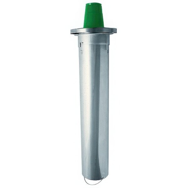 A silver stainless steel cylinder with a green top.