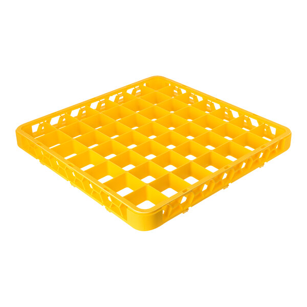 A yellow plastic glass rack extender with 49 compartments for dishwashing and storage.